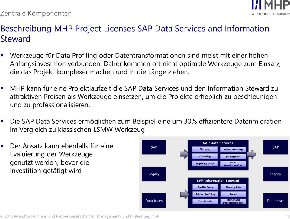 MHP kann für eine Projektlaufzeit die SAP Data Services und den Information Steward zu attraktiven Preisen als Werkzeuge einsetzen, um die Projekte erheblich zu beschleunigen und zu