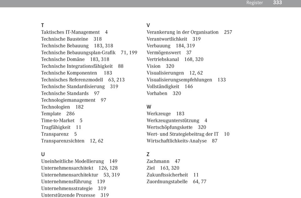 Tragfähigkeit 11 Transparenz 5 Transparenzsichten 12, 62 U Uneinheitliche Modellierung 149 Unternehmensarchitekt 126, 128 Unternehmensarchitektur 53, 319 Unternehmensführung 139 Unternehmensstrategie