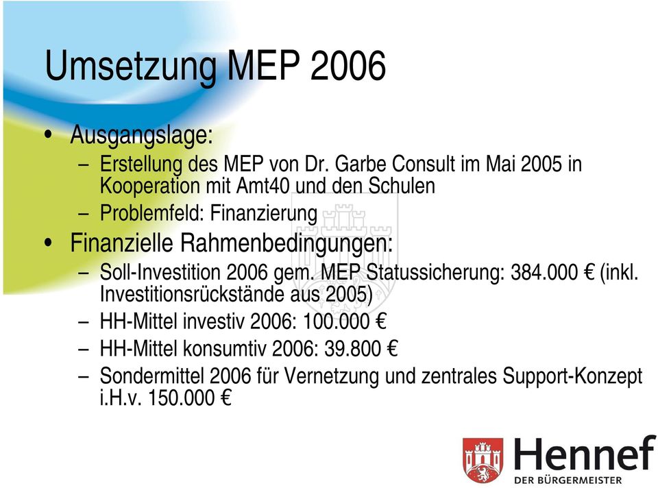 Rahmenbedingungen: Soll-Investition 2006 gem. MEP Statussicherung: 384.000 (inkl.