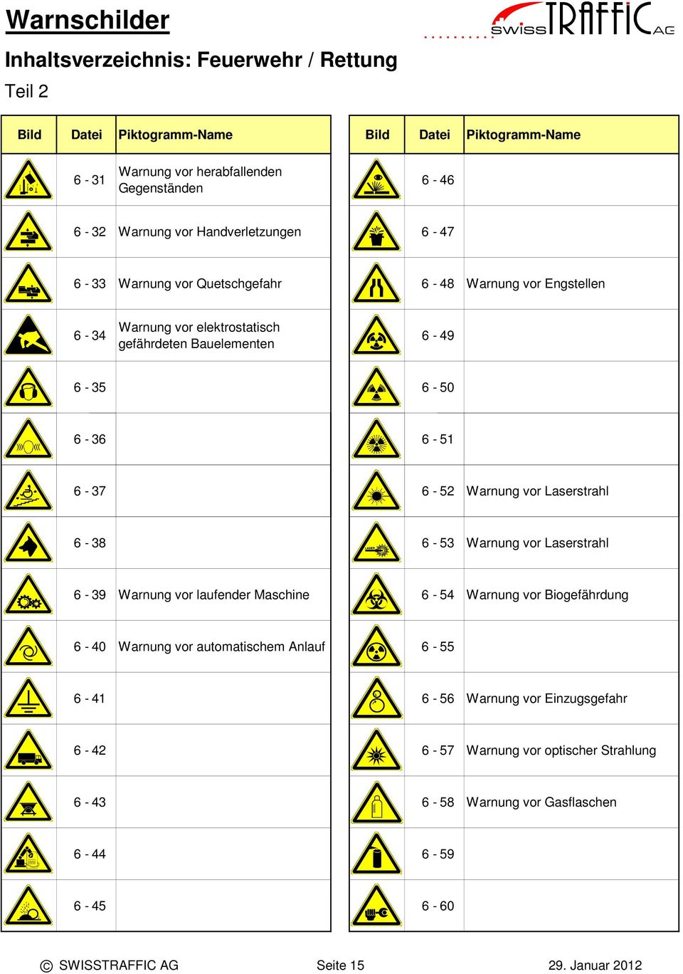6-53 Warnung vor Laserstrahl 6-39 Warnung vor laufender Maschine 6-54 Warnung vor Biogefährdung 6-40 Warnung vor automatischem Anlauf 6-55 6-4