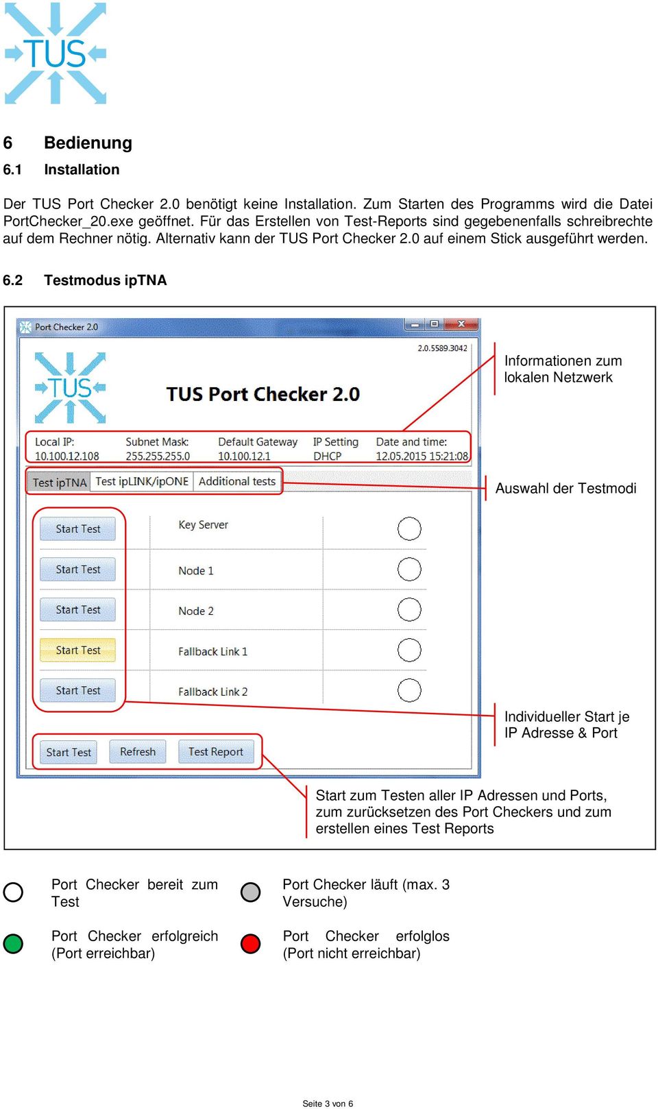 2 Testmodus iptna Informationen zum lokalen Netzwerk Auswahl der Testmodi Individueller Start je IP Adresse & Port Start zum Testen aller IP Adressen und Ports, zum zurücksetzen des