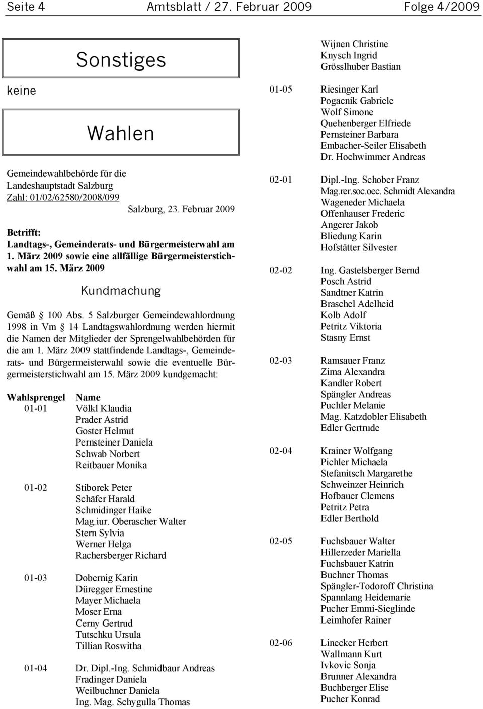 5 Salzburger Gemeindewahlordnung 1998 in Vm 14 Landtagswahlordnung werden hiermit die Namen der Mitglieder der Sprengelwahlbehörden für die am 1.