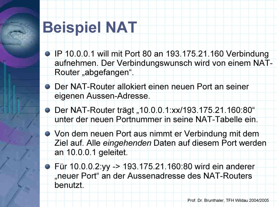 Der NAT-Router trägt 10.0.0.1:xx/193.175.21.160:80 unter der neuen Portnummer in seine NAT-Tabelle ein.