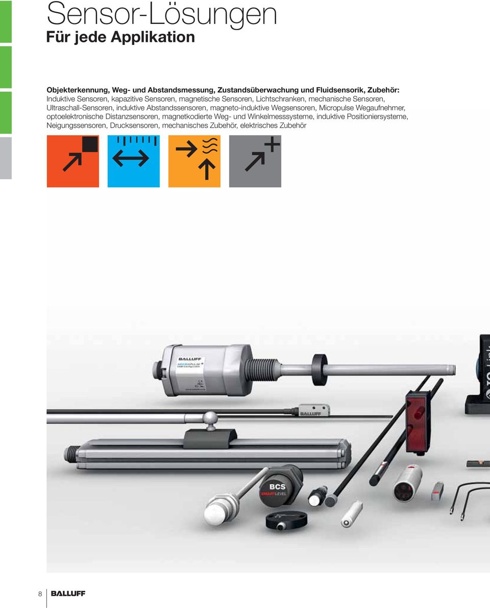 induktive Abstandssensoren, magneto-induktive Wegsensoren, Micropulse Wegaufnehmer, optoelektronische Distanzsensoren,