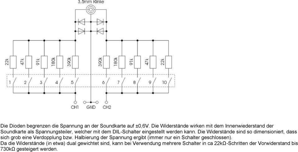 werden kann. Die Widerstände sind so dimensioniert, dass sich grob eine Verdopplung bzw.