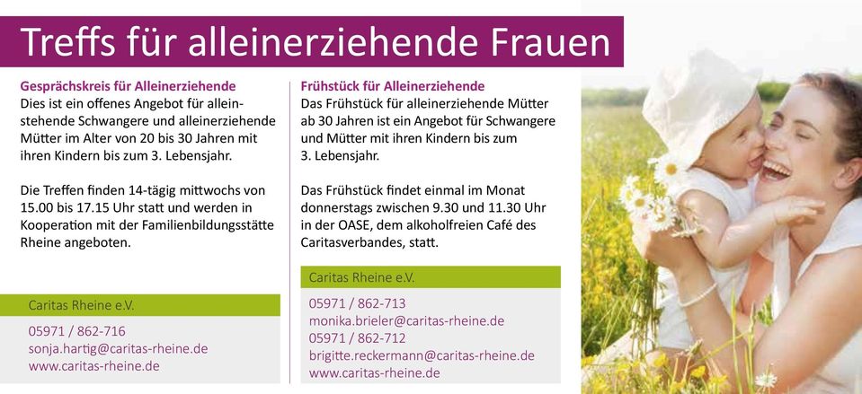 00 bis 17.15 Uhr statt und werden in Kooperation mit der Familienbildungsstätte Rheine angeboten. 05971 / 862-716 sonja.hartig@caritas-rheine.