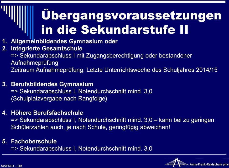 Unterrichtswoche des Schuljahres 2014/15 3. Berufsbildendes Gymnasium => Sekundarabschluss I, Notendurchschnitt mind.