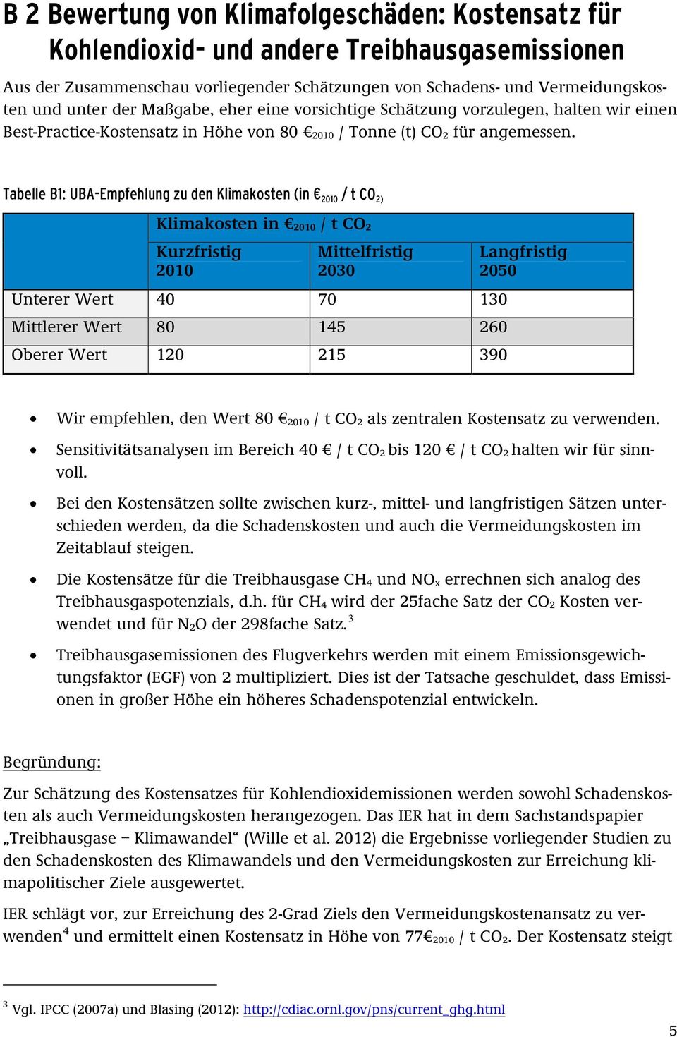 Tabelle B1: UBA-Empfehlung zu den Klimakosten (in 2010 / t CO 2) Klimakosten in 2010 / t CO 2 Kurzfristig 2010 Mittelfristig 2030 Unterer Wert 40 70 130 Mittlerer Wert 80 145 260 Oberer Wert 120 215