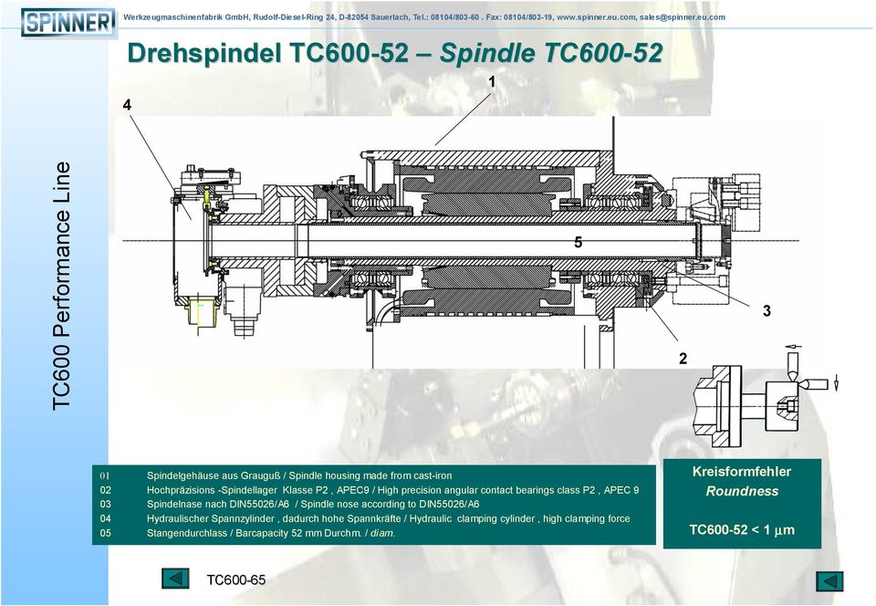 DIN55026/A6 / Spindle nose according to DIN55026/A6 04 Hydraulischer Spannzylinder, dadurch hohe Spannkräfte / Hydraulic