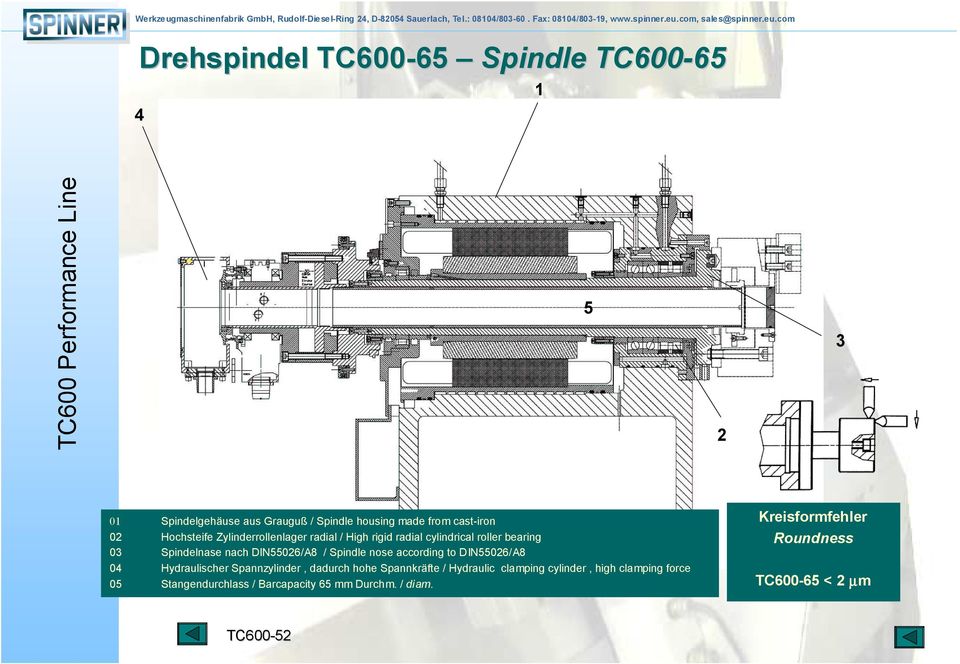 Spindle nose according to DIN55026/A8 04 Hydraulischer Spannzylinder, dadurch hohe Spannkräfte / Hydraulic clamping