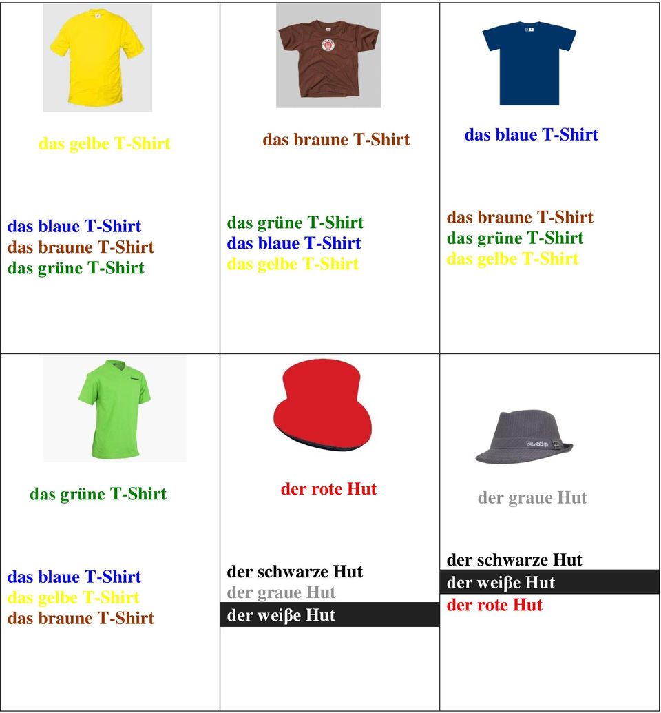 das gelbe T-Shirt das grüne T-Shirt der rote Hut der graue Hut das blaue T-Shirt das gelbe T-Shirt