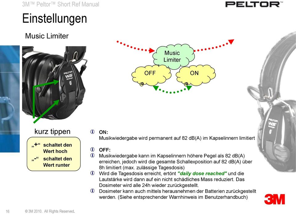 limitiert (max. zulässige Tagesdosis) Wird die Tagesdosis erreicht, ertönt "daily dose reached" und die Lautstärke wird dann auf ein nicht schädliches Mass reduziert.