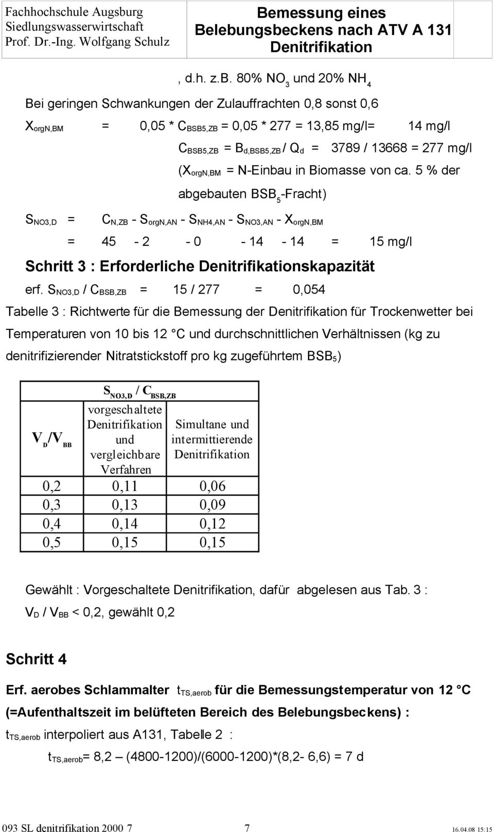 BSB5,ZB = B d,bsb5,zb / Q d = 3789 / 13668 = 277 mg/l (X orgn,bm = N-Einbau in Biomasse von ca.