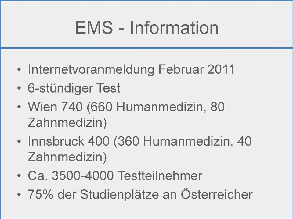 Zahnmedizin) Innsbruck 400 (360 Humanmedizin, 40