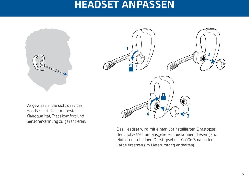 4 Das Headset wird mit einem vorinstallierten Ohrstöpsel der Größe Medium ausgeliefert.