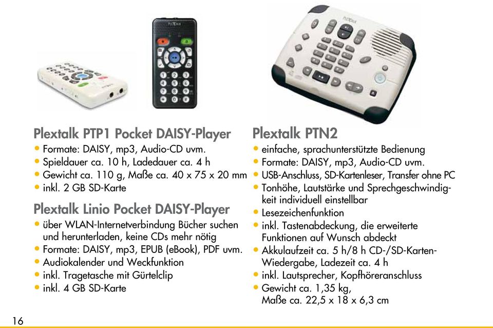Audiokalender und Weckfunktion inkl. Tragetasche mit Gürtelclip inkl. 4 GB SD-Karte Plextalk PTN2 einfache, sprachunterstützte Bedienung Formate: DAISY, mp3, Audio-CD uvm.