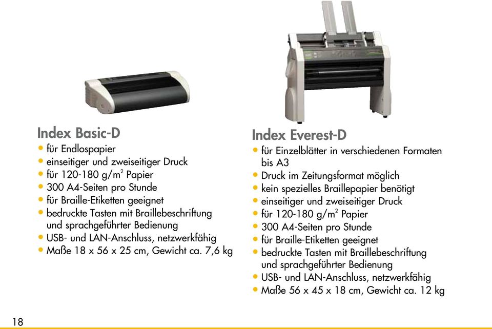 7,6 kg Index Everest-D für Einzelblätter in verschiedenen Formaten bis A3 Druck im Zeitungsformat möglich kein spezielles Braillepapier benötigt einseitiger und zweiseitiger