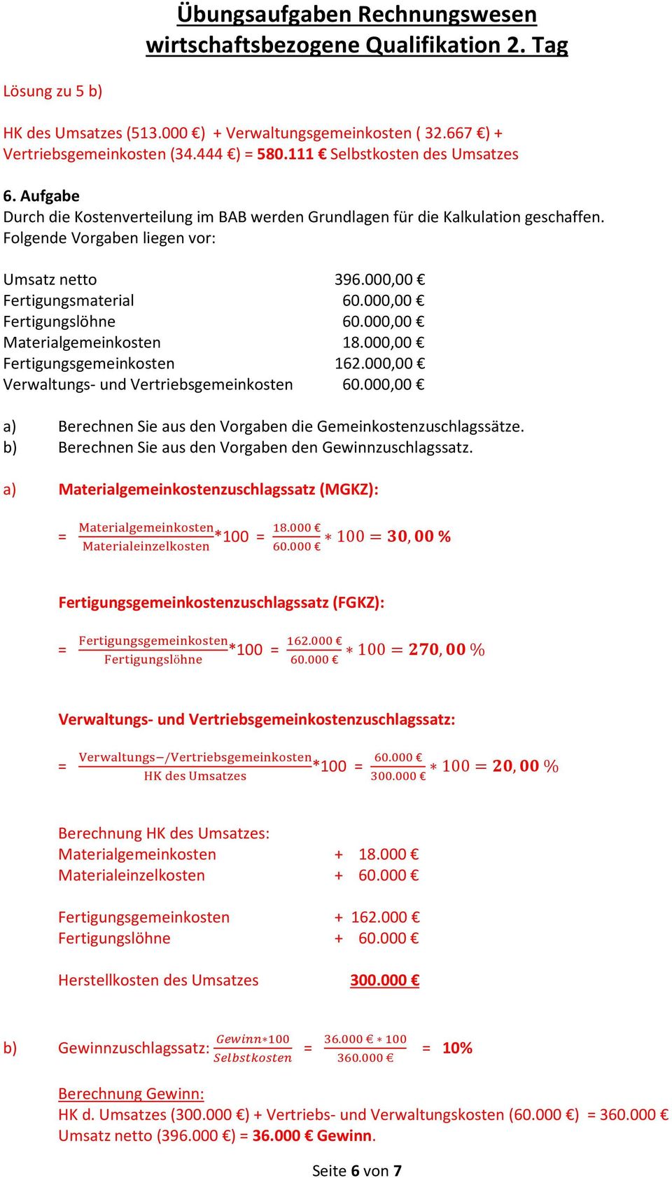 000,00 Materialgemeinkosten 18.000,00 Fertigungsgemeinkosten 162.000,00 Verwaltungs- und Vertriebsgemeinkosten 60.000,00 a) Berechnen Sie aus den Vorgaben die Gemeinkostenzuschlagssätze.