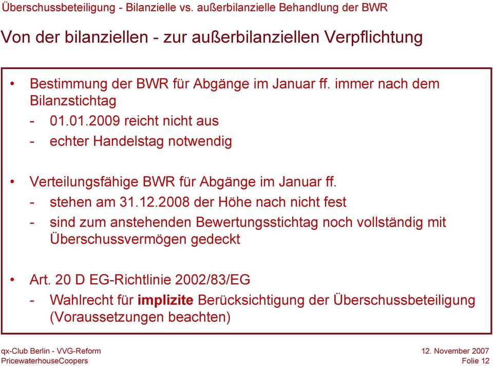 immer nach dem Bilanzstichtag - 01.01.2009 reicht nicht aus - echter Handelstag notwendig Verteilungsfähige BWR für Abgänge im Januar ff.