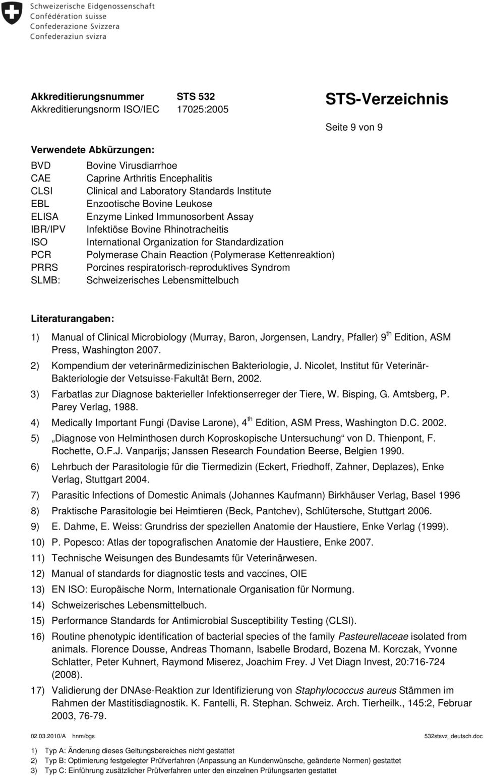respiratorisch-reproduktives Syndrom SLMB: Schweizerisches Lebensmittelbuch Literaturangaben: 1) Manual of Clinical Microbiology (Murray, Baron, Jorgensen, Landry, Pfaller) 9 th Edition, ASM Press,