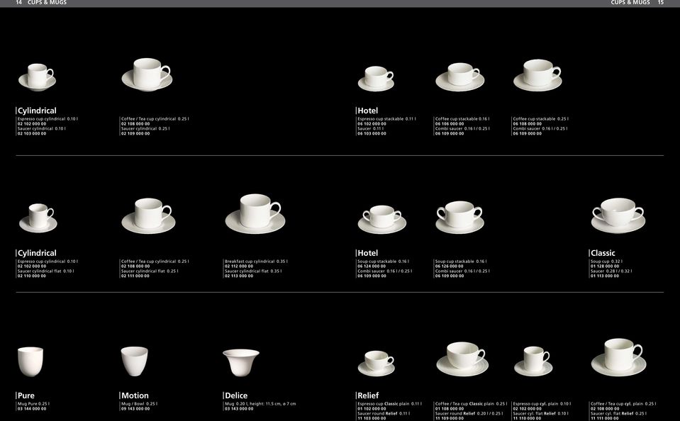 11 l 06 103 000 00 Coffee cup stackable 0.16 l 06 106 000 00 Combi saucer 0.16 l / 0.25 l 06 109 000 00 Coffee cup stackable 0.25 l 06 108 000 00 Combi saucer 0.16 l / 0.25 l 06 109 000 00 Cylindrical Hotel Classic Espresso cup cylindrical 0.