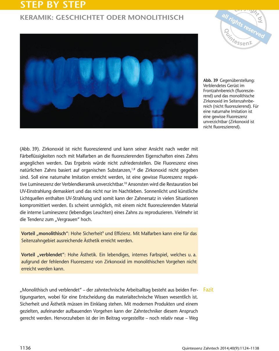 Zirkonoxid ist nicht fluoreszierend und kann seiner Ansicht nach weder mit Färbeflüssigkeiten noch mit Malfarben an die fluoreszierenden Eigenschaften eines Zahns angeglichen werden.