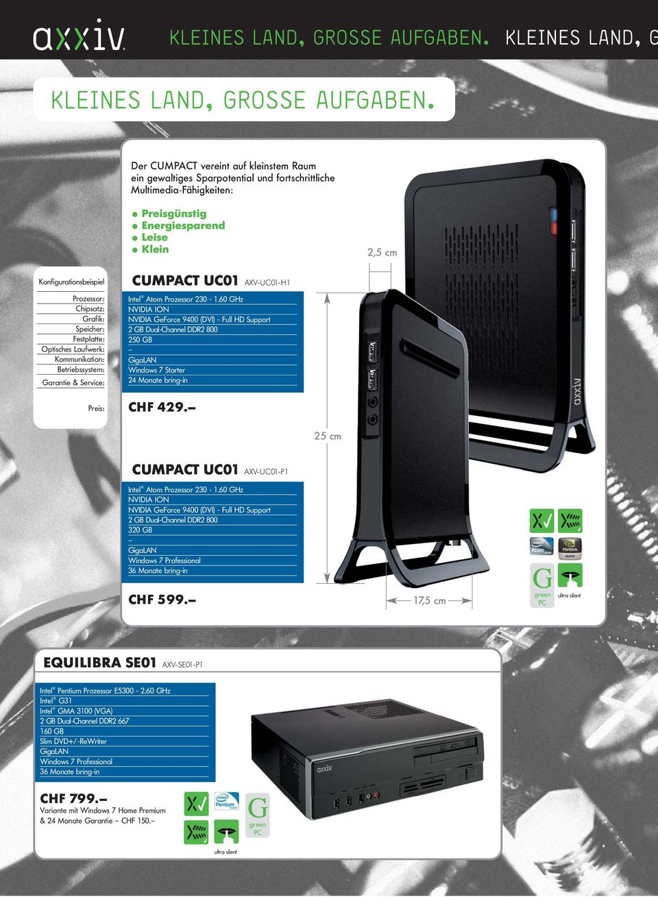 Chipsatz: Grafik: Speicher: Festplatte: Optisches Laufwerk: Kommunikation: Betriebssystem: Garantie & Service: Preis: CUMPACT UC01 AXV-UC01-H1 Intel Atom Prozessor 230-1.