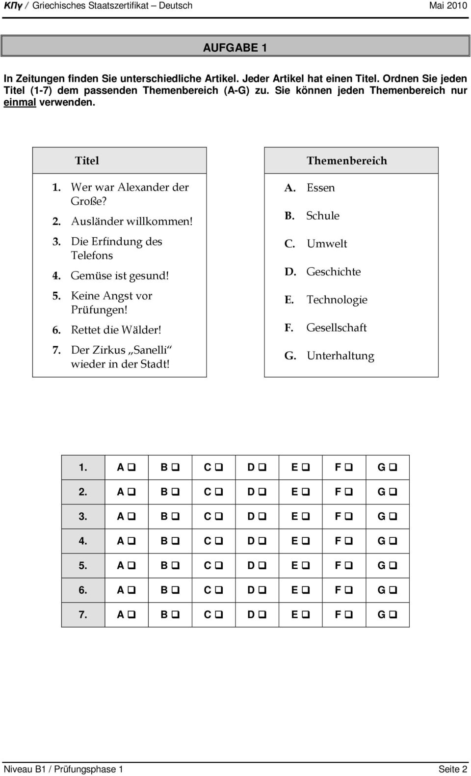 Keine Angst vor Prüfungen! 6. Rettet die Wälder! 7. Der Zirkus Sanelli wieder in der Stadt! Themenbereich A. Essen B. Schule C. Umwelt D. Geschichte E. Technologie F.