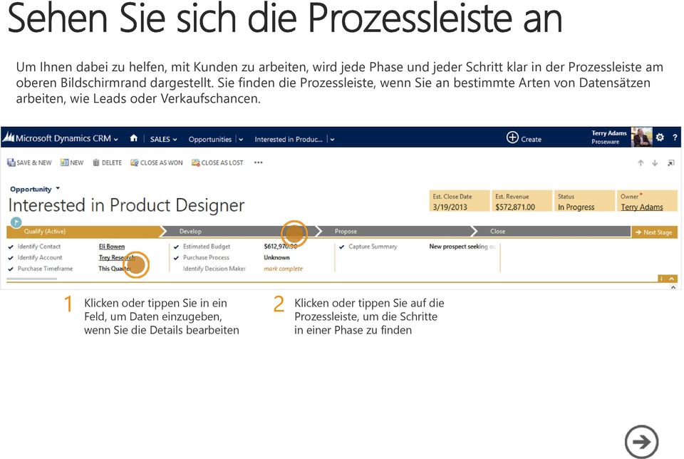 Sie finden die Prozessleiste, wenn Sie an bestimmte Arten von Datensätzen arbeiten, wie Leads oder