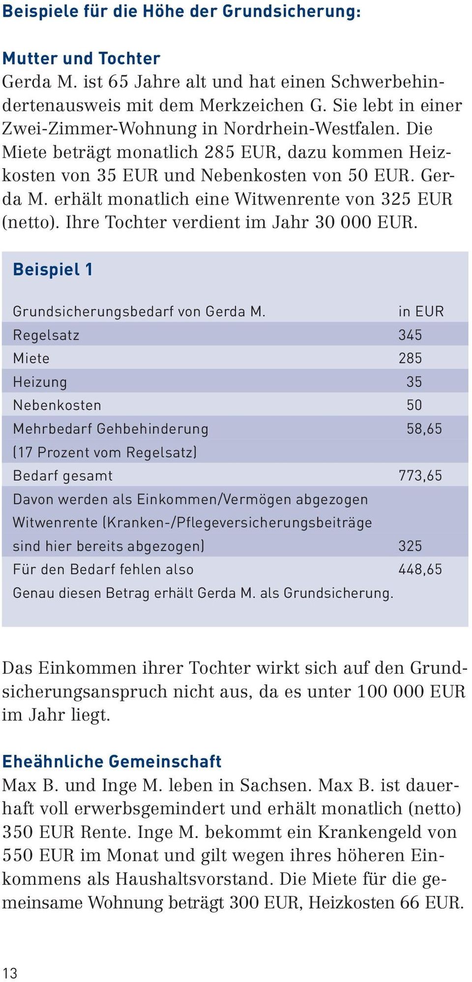 erhält monatlich eine Witwenrente von 325 EUR (netto). Ihre Tochter verdient im Jahr 30 000 EUR. Beispiel 1 Grundsicherungsbedarf von Gerda M.