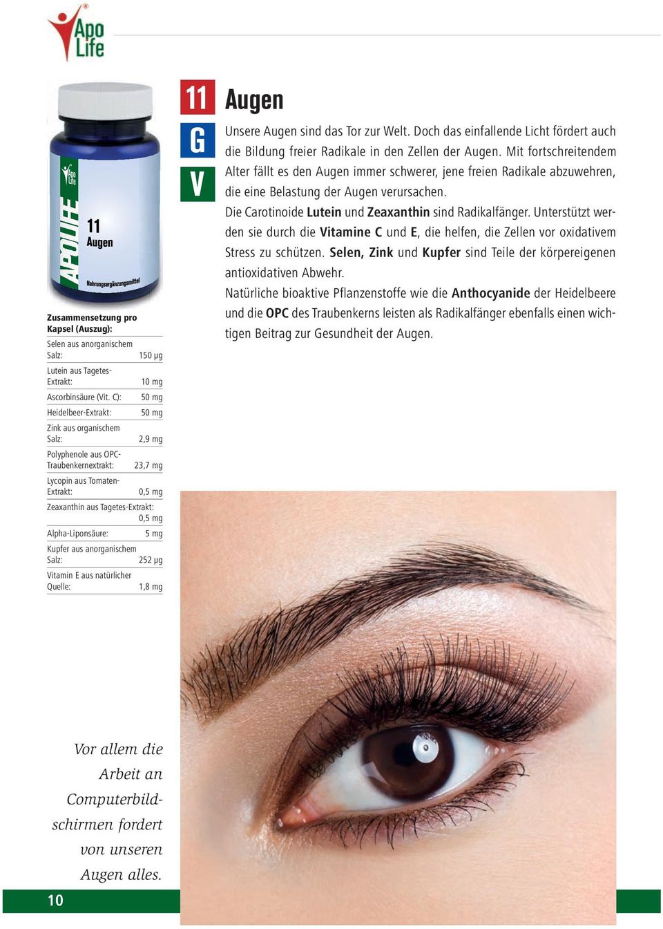 Alpha-Liponsäure: 5 mg Kupfer aus anorganischem Salz: 252 µg itamin E aus natürlicher Quelle: 1,8 mg 11 Augen Unsere Augen sind das Tor zur Welt.