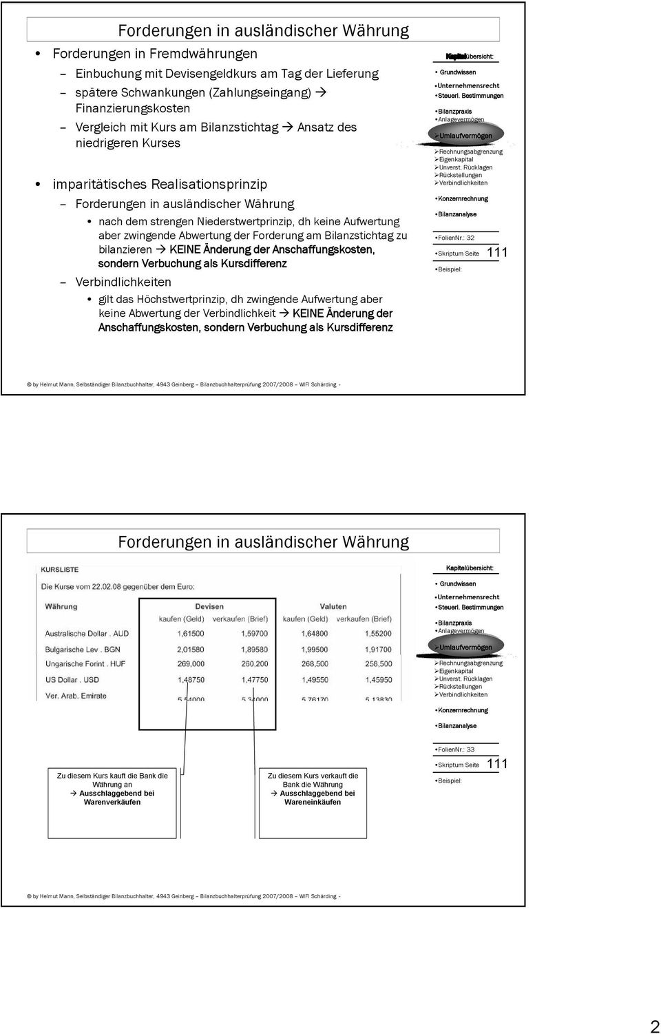 Abwertung der Forderung am Bilanzstichtag zu bilanzieren KEINE Änderung der Anschaffungskosten, sondern Verbuchung als Kursdifferenz Verbindlichkeiten gilt das Höchstwertprinzip, dh zwingende