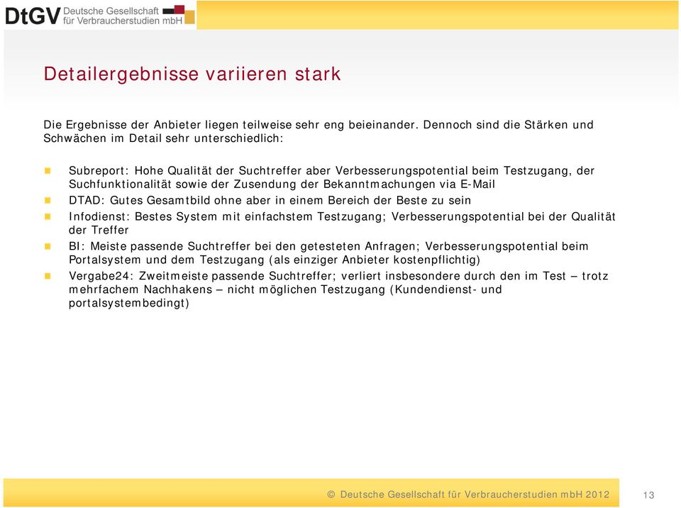 der Bekanntmachungen via E-Mail DTAD: Gutes Gesamtbild ohne aber in einem Bereich der Beste zu sein Infodienst: Bestes System mit einfachstem Testzugang; Verbesserungspotential bei der Qualität der