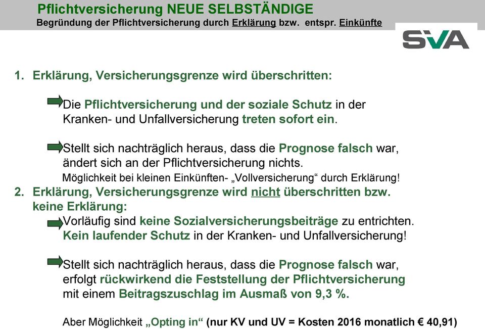 Stellt sich nachträglich heraus, dass die Prognose falsch war, ändert sich an der Pflichtversicherung nichts. Möglichkeit bei kleinen Einkünften- Vollversicherung durch Erklärung! 2.