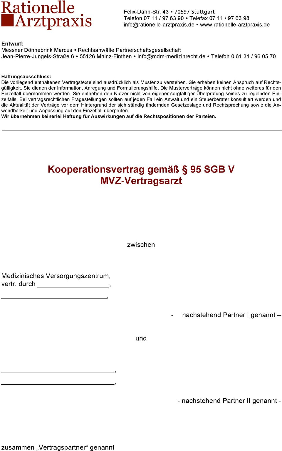 Kooperationsvertrag Gemäß 95 Sgb V Mvz Vertragsarzt Pdf