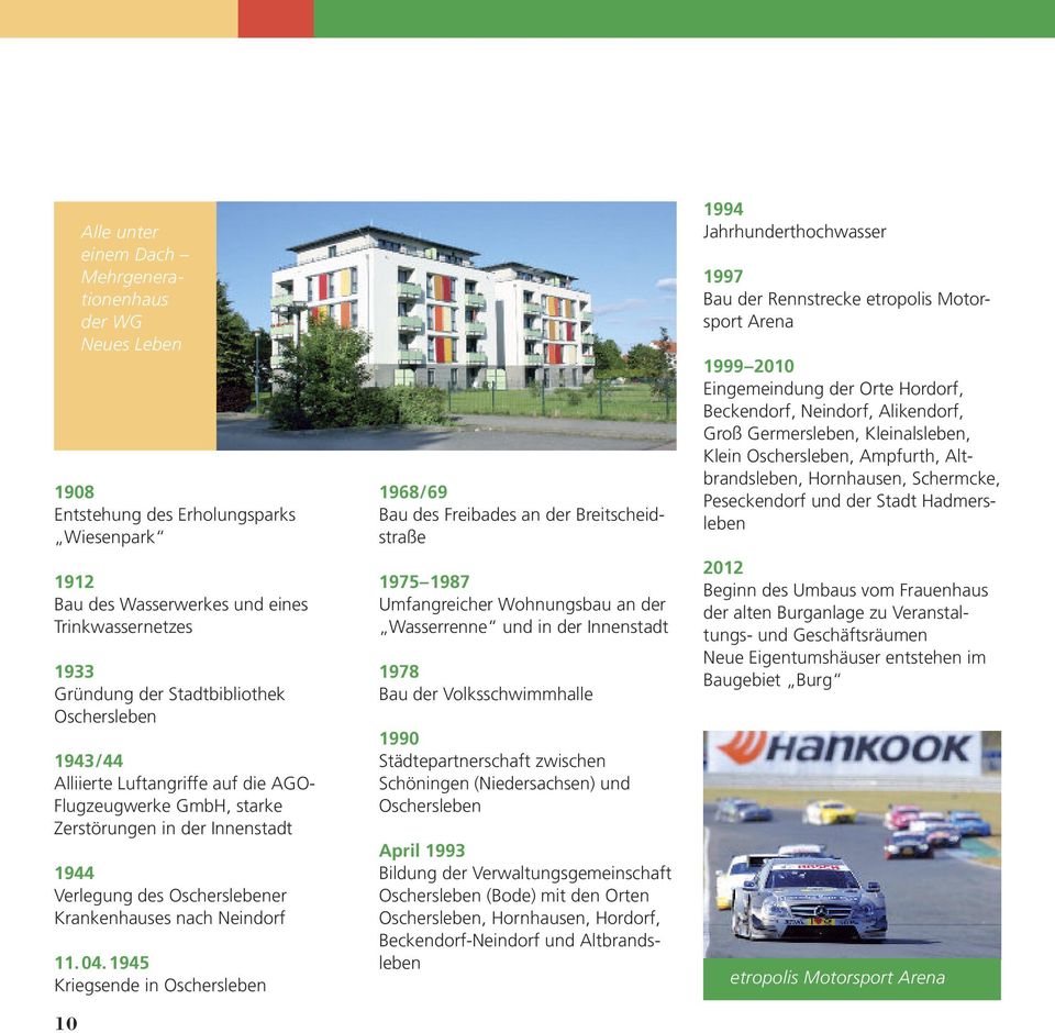 1945 Kriegsende in Oschersleben 10 Alle unter einem Dach Mehrgenerationenhaus der WG Neues Leben 1968/69 Bau des Freibades an der Breitscheidstraße 1975 1987 Umfangreicher Wohnungsbau an der