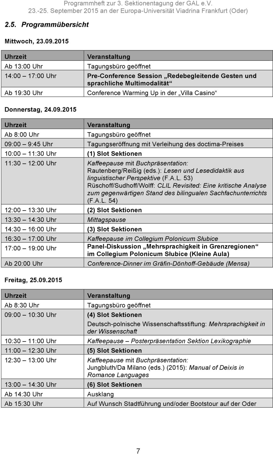 2015 Uhrzeit Ab 8:00 Uhr Conference Warming Up in der Villa Casino Veranstaltung Tagungsbüro geöffnet 09:00 9:45 Uhr Tagungseröffnung mit Verleihung des doctima-preises 10:00 11:30 Uhr (1) Slot