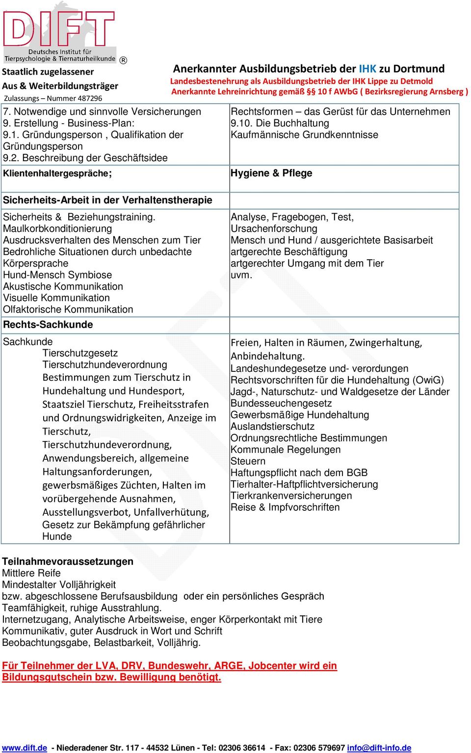 Die Buchhaltung Kaufmännische Grundkenntnisse Hygiene & Pflege Sicherheits-Arbeit in der Verhaltenstherapie Sicherheits & Beziehungstraining.