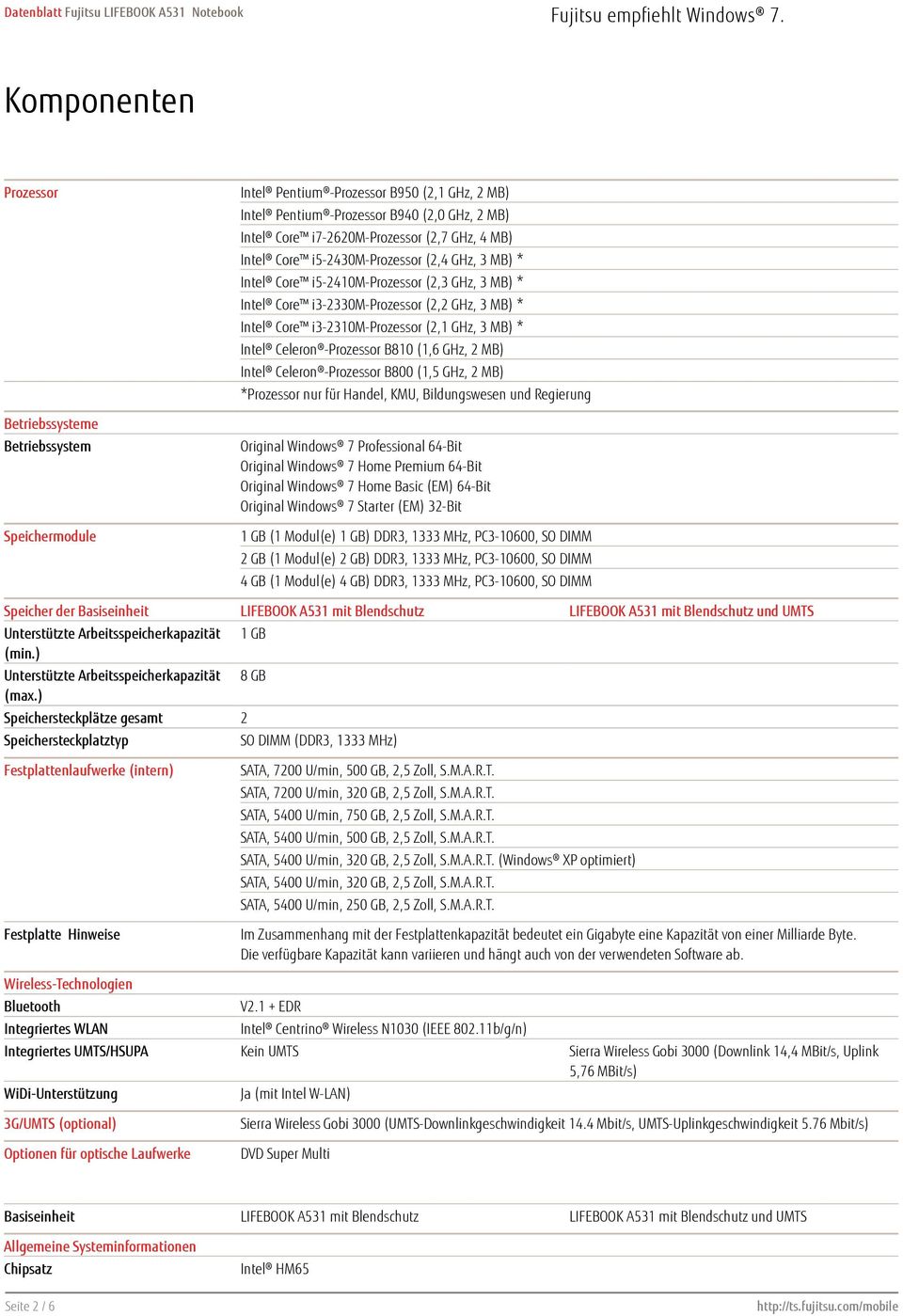 Intel Celeron -Prozessor B810 (1,6 GHz, 2 MB) Intel Celeron -Prozessor B800 (1,5 GHz, 2 MB) *Prozessor nur für Handel, KMU, Bildungswesen und Regierung Original Windows 7 Professional 64-Bit Original