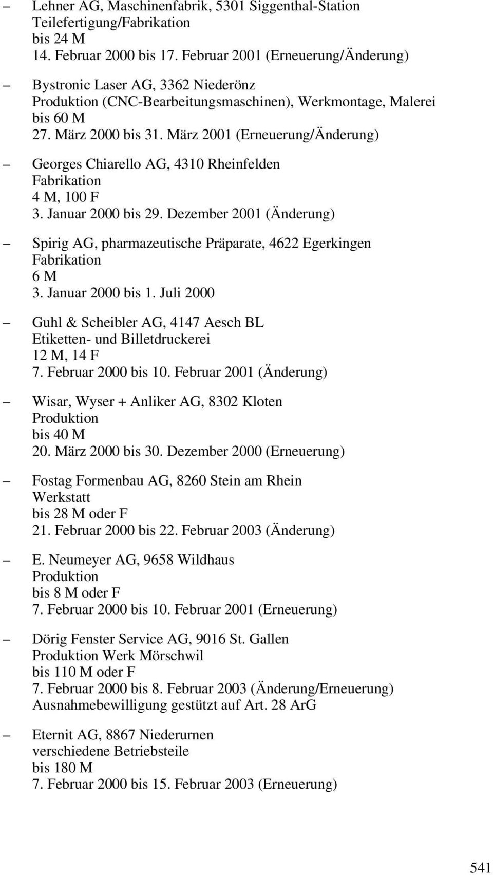 März 2001 (Erneuerung/Änderung) Georges Chiarello AG, 4310 Rheinfelden Fabrikation 4 M, 100 F 3. Januar 2000 bis 29.
