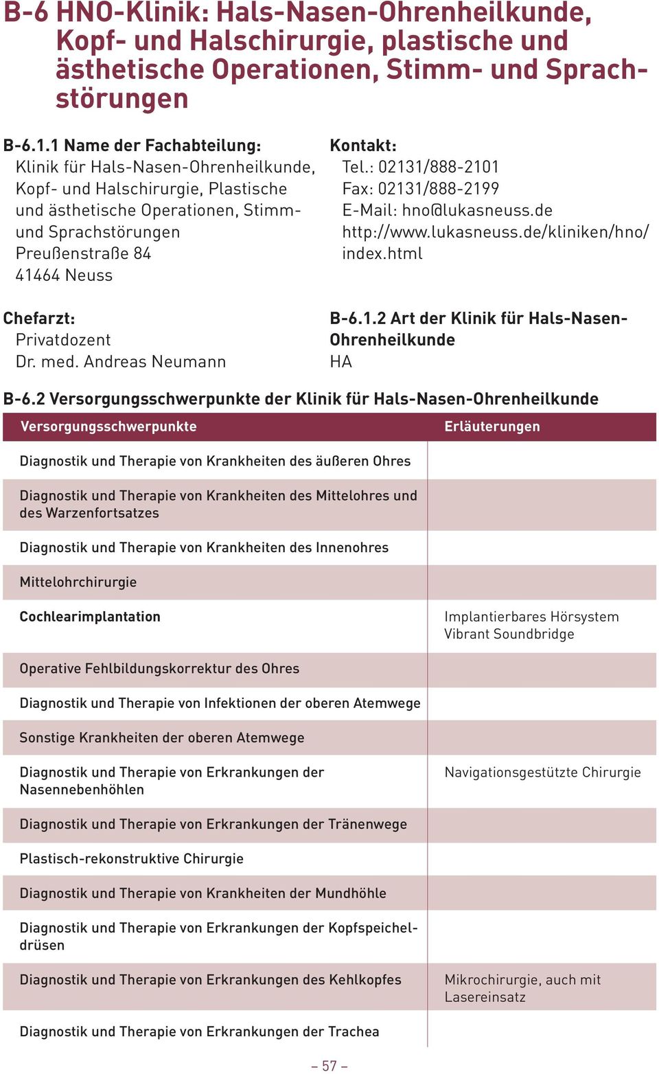 : 02131/888-2101 Kopf- und Halschirurgie, Plastische Fax: 02131/888-2199 und ästhetische Operationen, Stimm- E-Mail: hno@lukasneuss.de und Sprachstörungen http://www.lukasneuss.de/kliniken/hno/ Preußenstraße 84 index.
