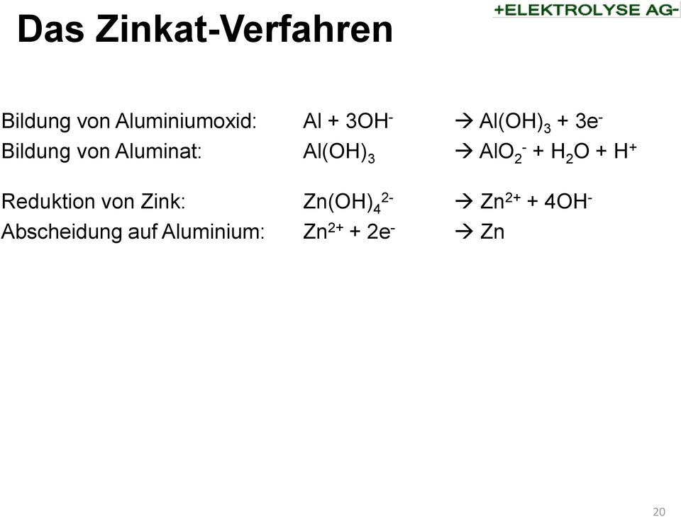 AlO 2- + H 2 O + H + Reduktion von Zink: Zn(OH) 4 2-