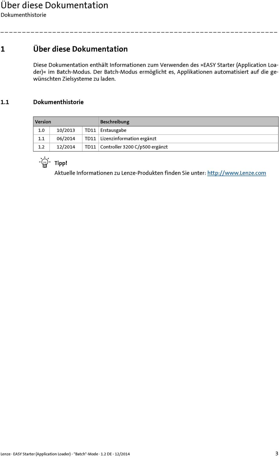 1 Dokumenthistorie Version Beschreibung 1.0 10/2013 TD11 Erstausgabe 1.1 06/2014 TD11 Lizenzinformation ergänzt 1.