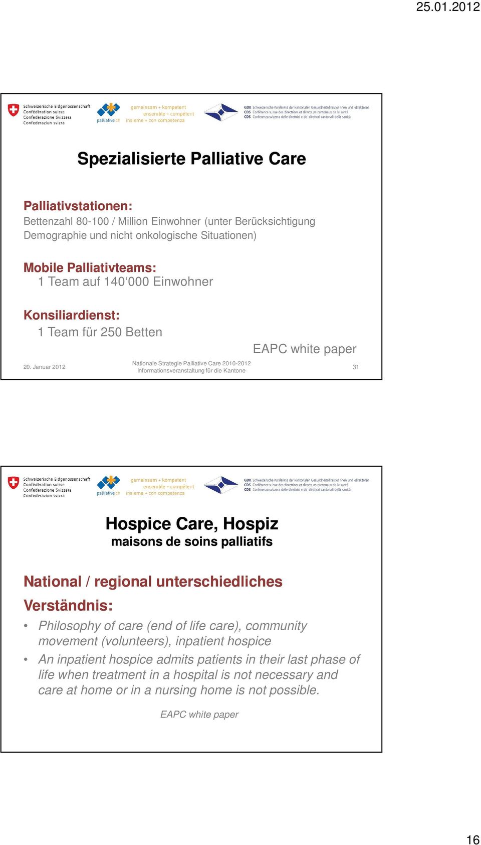 Januar 2012 EAPC white paper 31 Hospice Care, Hospiz maisons de soins palliatifs National / regional unterschiedliches Verständnis: Philosophy of care (end of life