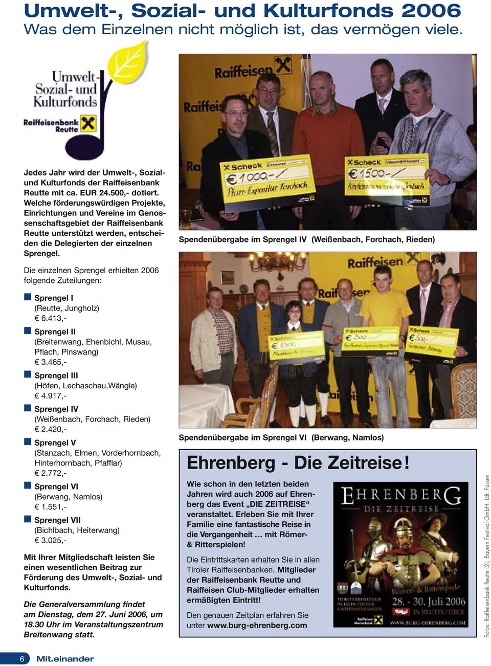 Spendenübergabe im Sprengel IV (Weißenbach, Forchach, Rieden) Die einzelnen Sprengel erhielten 2006 folgende Zuteilungen: Sprengel I (Reutte, Jungholz) 6.