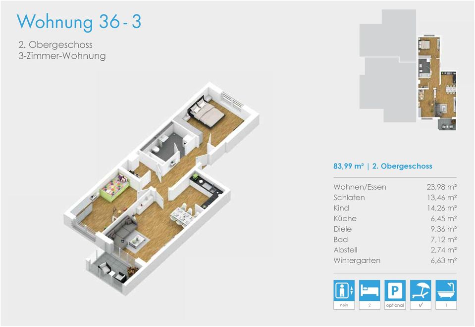 Obergeschoss Wohnen/Essen 23,98 m² Schlafen 13,46 m²