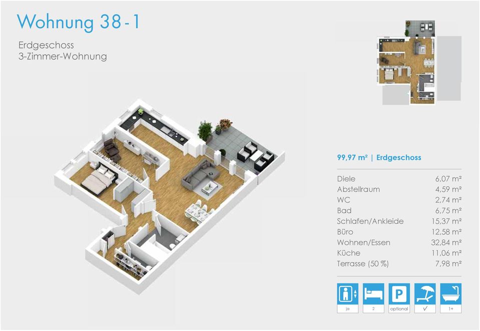 Bad 6,75 m² Schlafen/Ankleide 15,37 m² Büro 12,58 m²