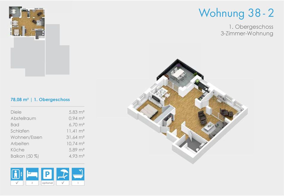 m² Schlafen 11,41 m² Wohnen/Essen 31,64 m² Arbeiten
