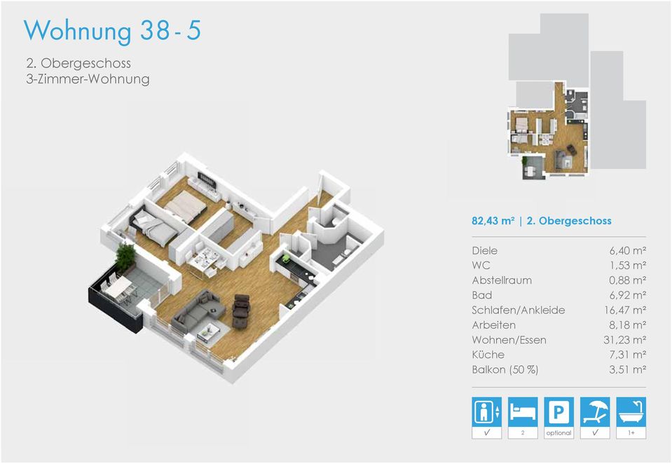 6,92 m² Schlafen/Ankleide 16,47 m² Arbeiten 8,18 m²