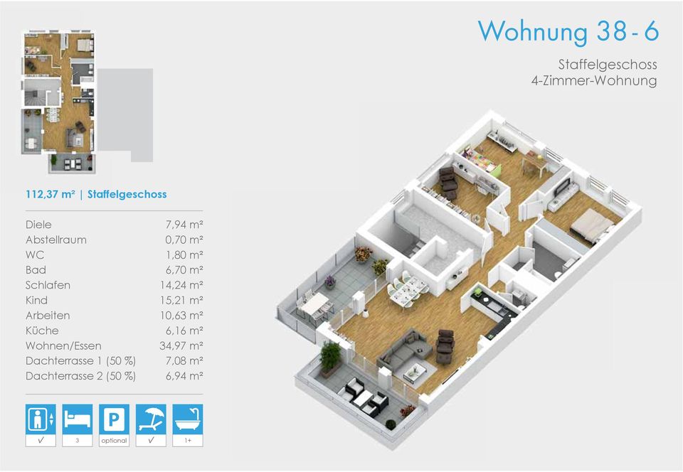 m² Kind 15,21 m² Arbeiten 10,63 m² Küche 6,16 m² Wohnen/Essen 34,97 m²